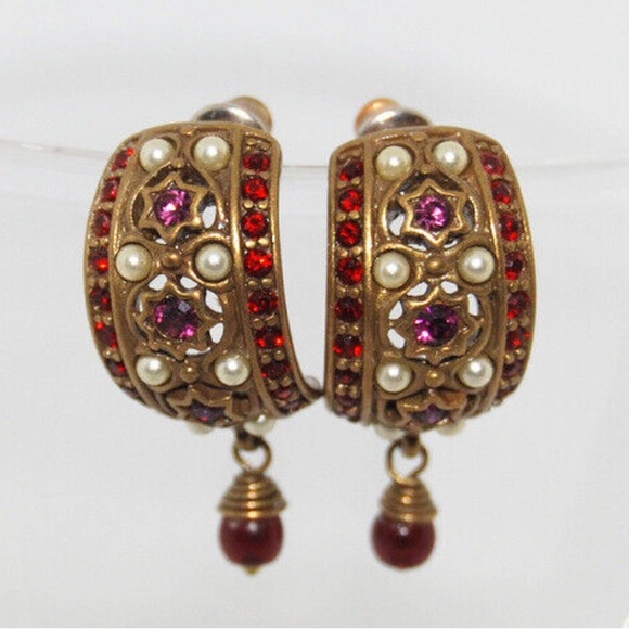 Designer Phillip Bloch Victorian Revival Red Garnet Post Hoop Earrings W Pearls - Picture 3 of 14